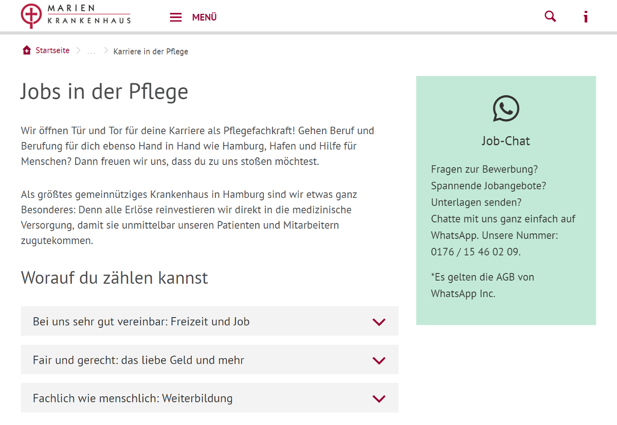 Kath. Marienkrankenhaus mit Job-Chat per WhatsApp