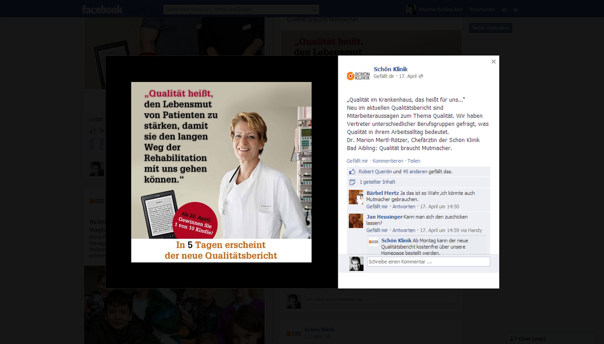 Facebook-Post zum neuen Qualitätsbericht der Schön Klinik