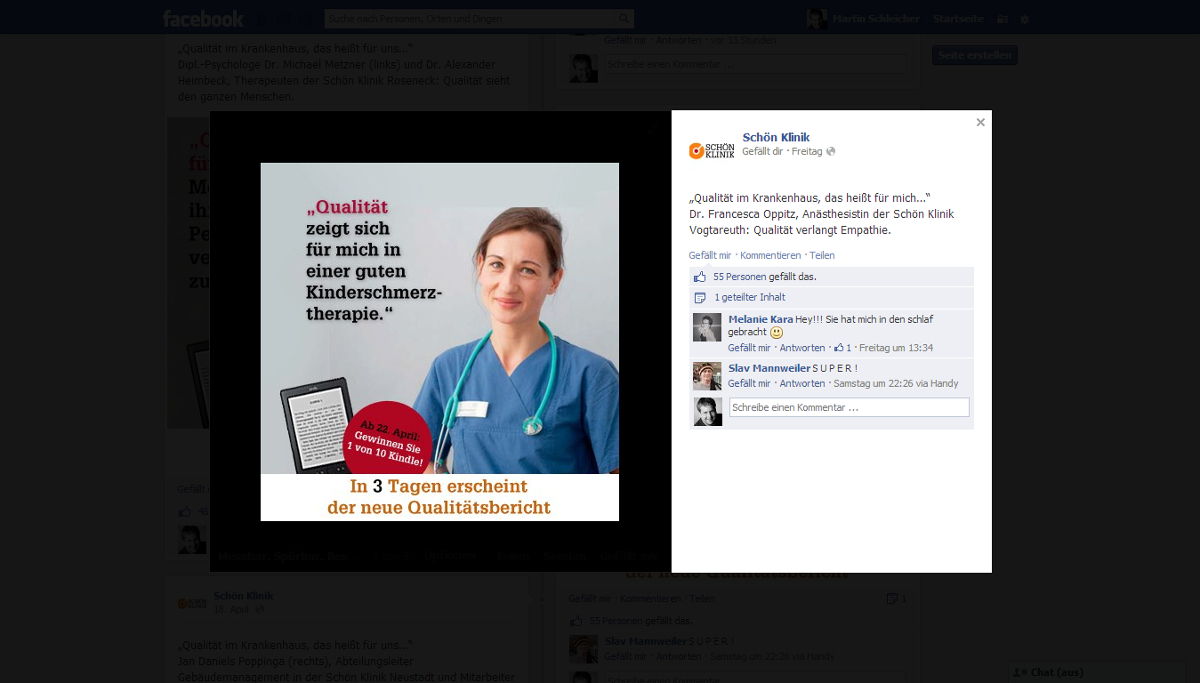 Facebook-Post zum neuen Qualitätsbericht der Schön Klinik