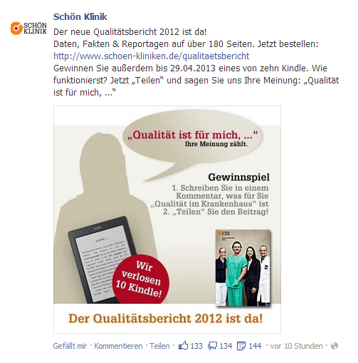 Facebook-Post zum Gewinnspiel „Qualität ist für mich, …“ der Schön Klinik