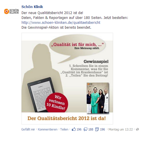 Facebook-Post zum Gewinnspiel „Qualität ist für mich, …“ der Schön Klinik